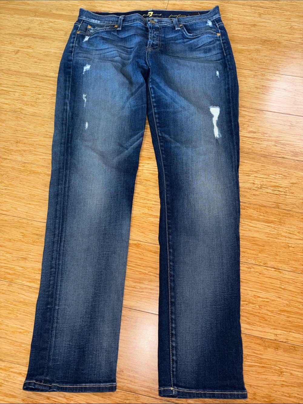 7 For All Mankind Josefina Skinny Boyfriend Distressed Jeans Size 28 blue denim